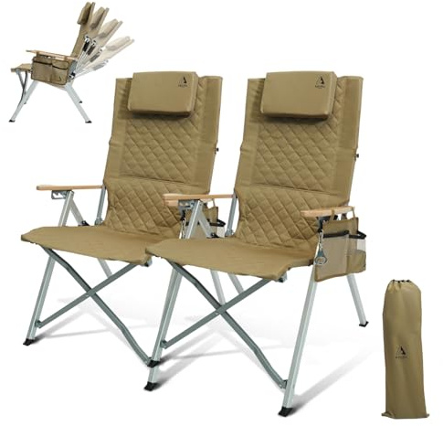 ARURU Aluminum Luxury Camping Chair for Adults Heavy Duty 150KG with 4-Position Adjustable High Back Folding Garden Patio Reclining Outdoor Recliner Deck Chair with Side Pocket(Khaki, 2Pack)