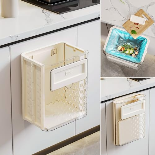 GoaePode Cubo de basura colgante blanco crema, contenedor de cocina de capacidad transparente, caja de basura plegable para puerta de armario, almacenamiento debajo del fregadero, cubo de basura para
