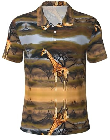 Polo de manga corta para hombre, diseño de jirafa de África, con estampado de árbol majestuoso, camisas polo de golf para hombre, camisas polo casuales y elegantes, Negro, S