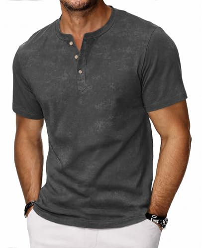 HMIYA Hemd Herren 100% Baumwolle Vintage Henley Shirt Kurzarm T-Shirts für Herren Sommerhemd Beiläufig Männer