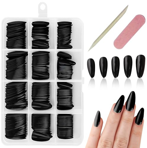 240Pcs False Nails Black Almond Stick On Nails for Women