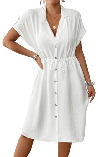 Genfien Robe Chemise Elégant et Décontractée pour Femmes Col en V Manches Courtes avec Poche