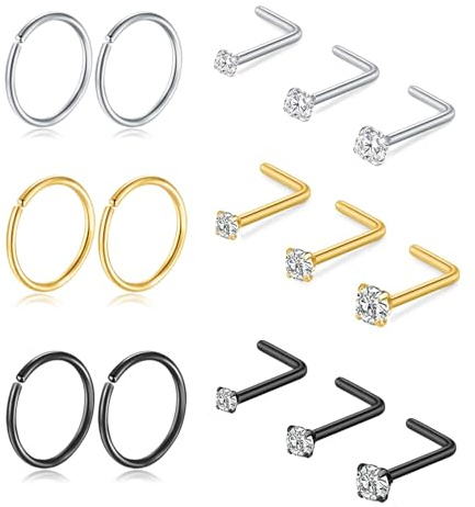 DAI JY 15 piercing da naso da 20 g, in oro, argento, nero, in titanio, in acciaio chirurgico, a forma di L, con zirconi, per naso, sottile, ipoallergenico, per donne e uomini, Small, Acciaio