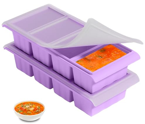 2-Pack Silicone Freezer Tray 1 Cup/250 mL Silicone Freezer Tray with Lids, Perfect for Storing Soup, Broth, Sauces, Batch Cooking and More, Oven-Safe Moulds (Purple)