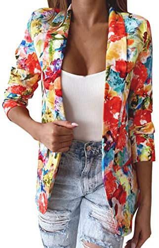 Damen Große Größen Blazer Bunt,Festlich Longblazer Blumenmuster Leichter Sommerblazer Frauen,Modern Jackett Ausgefallene Sweatblazer Damenblazer Trachtenblazer Strickblazer Business Outfit
