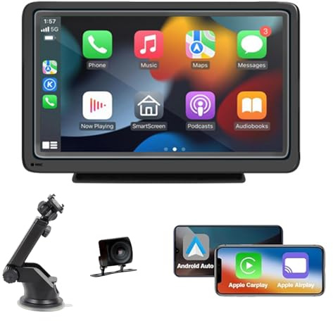 7 HD Carplay Screen for Car, Android Auto Portable Touchscreen Screen with 1080P Rear Camera, Wireless Car Stereo with Bluetooth, FM, AUX, Voice Control, Live Navigation, Mirror Link