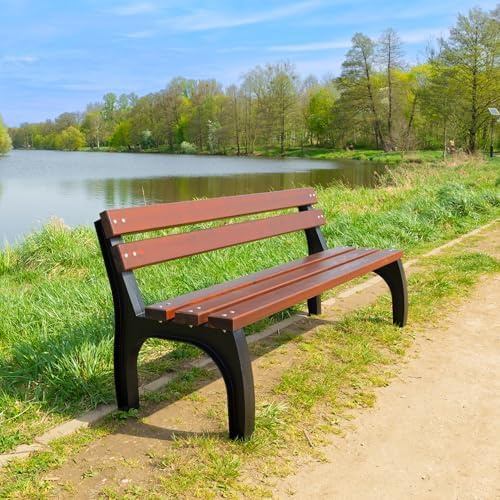 REKORD Gartenbank 170 x 56 x 75 cm Robuste Parkbank aus Metall und Holz mit Rückenlehne wetterfeste Outdoor Sitzbank Bank für Garten Terrasse Balkon Vorgarten - Split - Mahagoni