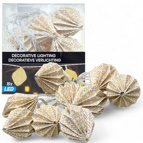 MIJOMA Guirlande lumineuse LED en papier bohème, 10 LED blanc chaud, minuterie 6h/18h, à piles, abat-jour origami, décoration pour salon, fenêtre et fête (diamant - feuille beige bohème)