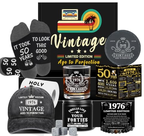 50th Birthday Gifts for Him, Happy 50th Birthday Decorations for Men | 50 Year Old Gifts for Man Who Have Everything, 1976 Birthday Gift Baskets for Men Whiskey Glass Baseball Cap Socks Stones