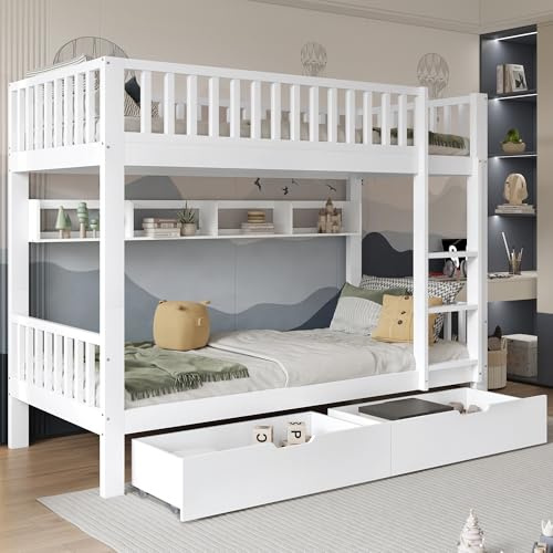 ECLIVON Litera Cama Infantil 90x200, Convertible en 2 Separadas, Cama Alta Literas con Escalera, Cama con Estantes y Cajones, Camas Matrimonio con Somier y Protección Anticaídas, Sin Colchón, Blanco