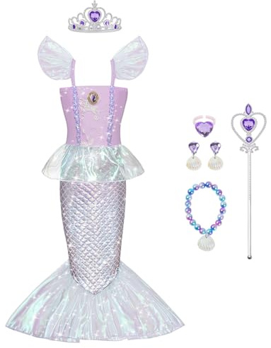 BSBUY Sjöjungfru kostym barn liten sjöjungfru prinsesskostymer för flickor Ariel prinsesskostymer, fin utklädnad halloween cosplay födelsedagsfest värld bok dag paljettdräkt (150)