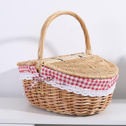Yhenlovtt Panier de rangement en osier fait à la main avec doublure en lin amovible et double couvercle pour l'organisation de la maison, pique-nique et fournitures de camping, 35 x 25 x 17 cm (G)