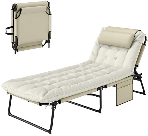 Outsunny Lettino da Giardino Pieghevole e Reclinabile con Tasca Laterale, Poggiatesta e Cuscino, Lettino Sdraio in Tessuto a Rete, Poliestere e Acciaio, 68x189x30 cm, Beige