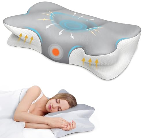 Orthopädisches Schmetterlings-Nackenkissen aus Memory Foam – Ergonomisches Kopfkissen mit 2 Höhenstufen (10/13 cm) & 2 kühlenden, waschbaren Bezügen – Gegen Nacken- und Schulterschmerzen für Seiten