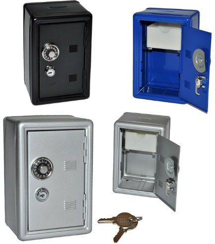 Spardose Tresor Schrank blau/schwarz/grau - mit Schlüssel - stabile Sparbüchse für die Reisekasse aus Metall - Safe Tresorschrank Geld Sparschwein