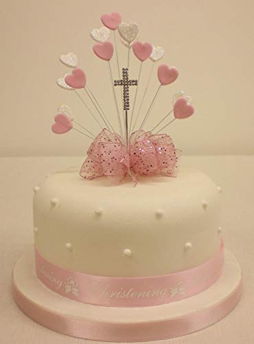Cake Decoration Heart Burst Pink - Christening, Diamante Cross Cake Topper