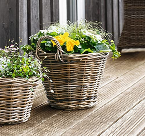Dekoleidenschaft Pflanzkorb Rattan rund, groß, Ø 40x30 cm, grau gekalkt, Blumentopf, Pflanztopf, Pflanzkübel für Draußen, Blumenkübel