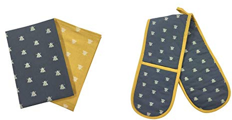 BEE Silhouettes Grey Yellow White Cotton Double Oven Gloves & Pack of 2 Kitchen Tea Towels