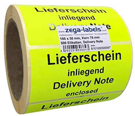 Warnetiketten auf Rolle - Lieferschein inliegend/Delivery Note enclosed - 500 Stück je Rolle - 100 x 50 mm - Leuchtgelb Haftpapier stark haftend - Versandaufkleber gelb