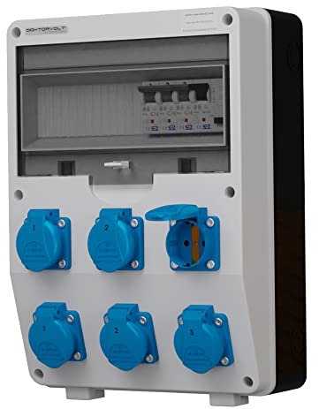 Doktorvolt Baustromverteiler DV-S/FI, Stromverteiler 6x230V, IP54, 6x 230 V 16 A Steckdosen, Leitungsschutzschalter und Fi-Schutzschalter, Ausgestattet mit Schuko Steckdosen und Hochwertigen Kabeln