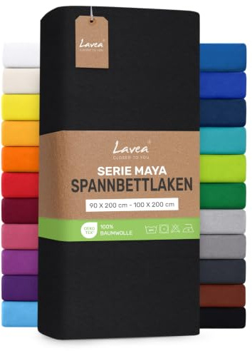 Lavea® Spannbettlaken 90x200cm - 100x200cm - Schwarz | Maya, 100% Jersey Baumwolle – Weiches Spannbetttuch mit Rundumgummi, atmungsaktives Bettlaken für Matratzen bis 20 cm