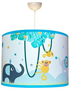 Lampenschirme, Kinderfederung, Junge Lampe, Dschungel-Thema, Blau- und Grüntöne.