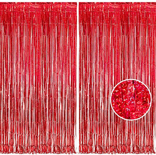 BRAVESHINE 2PCS Red Foil Fringe Curtain Backdrop, 3.2x8.2 ft Sparkle Tinsel Metallic Curtains for Christmas Birthday Photo Booth Backdrop Valentines Halloween Mexican Circus New Year Party Decorations