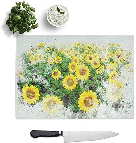 Glass Chopping Board, Yellow Sunflower Meadow Watercolour, 39x28.5 cm