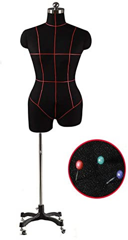 SGSG Verstellbarer Ständer Pinnable Weibliche Form Schaufensterpuppe Körper Torso， XXL Nähen Styropor Halbe Schaufensterpuppe Torso mit Rädern， für Kleidung Display Lehre (Schwarz X)