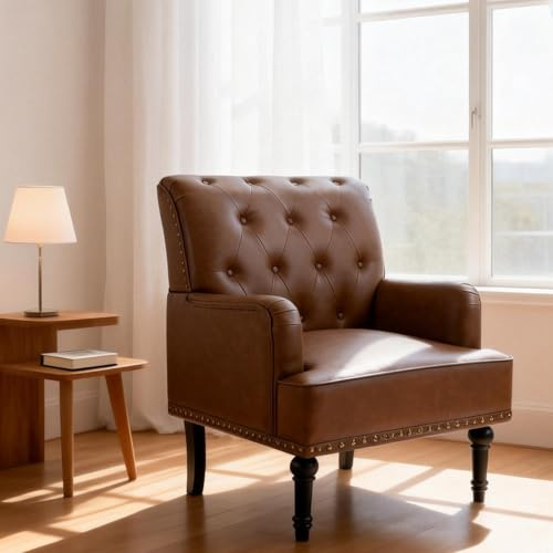 MOJAY Faux Leather Accent Chair, Mid-Century Armchair Living Room Sofa Chair with Rubber Wood Leg, Club Chair with Rivet Trim for Bedroom Reading Room Reception (Brown)