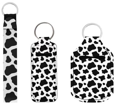 Suobstales 3 Pack Travel Bottles Keychain Holder Set Cow Print Chapstick Holder Keychains Wristlet With Black White Animal Pattern for Women Girls Travel Accessories Makeup Organizer