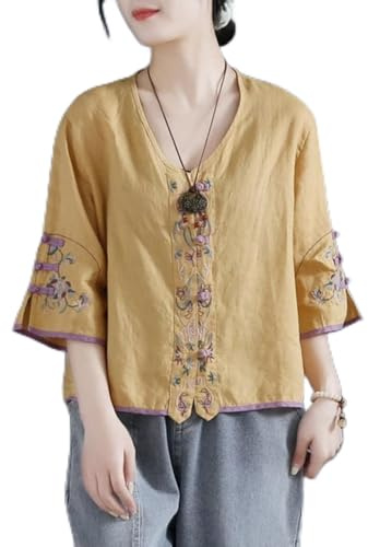 MOOCO MORNING Chemise en coton et lin avec boutons brodés pour femme - Haut d'été - Col en V - Chemisier chinois