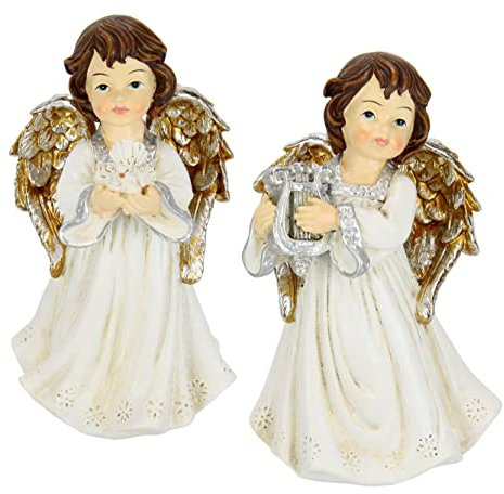 Flair Flower Engel mit Taube Harfe 2er Set Dekoengel Engelfigur Schutzengel Motiv Dekofigur Weihnachtsschmuck Geschenk Dekoration Dekofigur Ornament Figuren Deko Statue Skulptur, 17x11x10 cm, 021055CR
