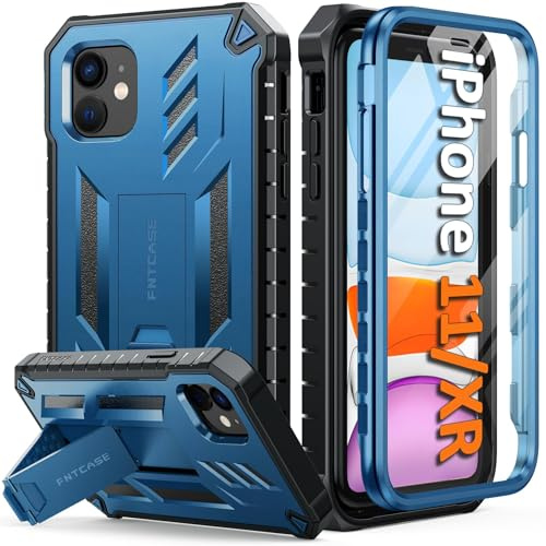 FNTCASE Für iPhone 11 Hülle: für iPhone XR Hülle mit Ständer stoßfest militärische Schutzhülle zweilagig vollständiger Schutz langlebig matt strukturiert sturzsicher – 6,1 Zoll Blau