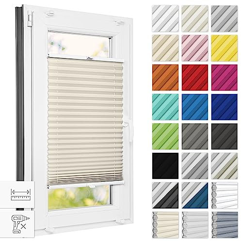 Estika Plissee ohne Bohren 125 cm x 120 cm - Beige - Bruchfeste Klemmhalter, Plissee klemmfix, Rollos für Fenster ohne Bohren, Jalousien Fenster für innen, Raffrollo, Fenster plissee