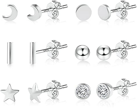 4/6Paar Mehrere Silber 925 Ohrringe Ohrstecker Kleine Set für Damen Mädchen | Silber 925 Ohrstecker Set Kleine Schläfer Knorpel Ohrringe Ohrsteck mit Zirkon Stein Blumen Herz Perlen Stern Mond Ohrsteck
