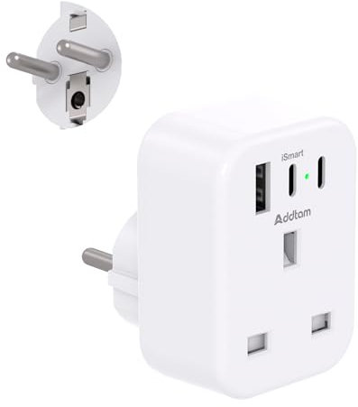UK to European Plug Adapter with 3 USB Ports(2 USB C), EU Schuko Travel Adaptor for Germany France Spain Turkey Russia Iceland Greece Poland Portugal Austria Netherlands(Type E/F)