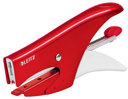 Leitz WOW Grapadora de Tenaza, Grapadora Roja, Grapa hasta 15 Hojas, Cuerpo Metálico Ergonómico, Incluye 1000 Grapas No. 8, 55472026