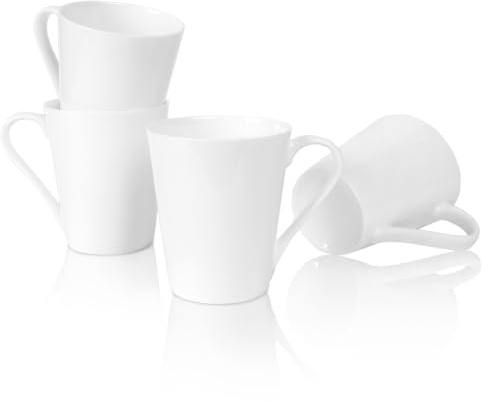 COSTMANCE 11 Oz Plain White Fine Bone China Coffee Mugs Set of 4, V-Shaped Latte Mug with Handle, DIY Mug Gift, White Ceramic Coffee Cups for Cappuccino, Hot Cocoa, Milk, Tea, Lightweight Coffee Mugs