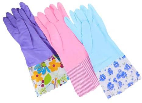 PartyKindom 3 Pairs Dishwashing Gloves Long Cuff Waterproof Latex Reusable Cleaning Gloves Plush Lined for Kitchen Cups and Household Use Random Color