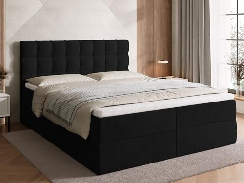 BROMARKT Boxspringbett 160x200cm mit Topper und Bettkasten H3 Schwarz | Doppelbett für Schlafzimmer mit Bonell Matratze Stauraum und gepolsterte Kopfstütze Bett Bed Einzelbett Federkern DETROIT