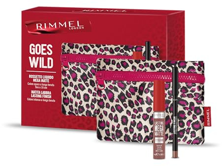 Rimmel London, Cofanetto Regalo Donna Rimmel Goes Wild, Pochette Leopardata con Rossetto Liquido Lasting Mega Matte 709 Strapless + Matita Labbra Lasting Finish