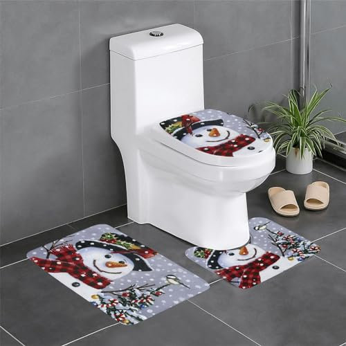 Badematten-Set mit Weihnachts-Schneemann-Motiv, rutschfest, 3-teilig, 60 x 40 cm, Badteppich-Set – Badematte + U-förmiger WC-Vorleger + O-förmiger Toilettensitzbezug