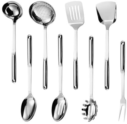 Juego de utensilios de cocina de acero inoxidable 18/10, juego de 8 utensilios de cocina, incluye skimmer, cucharón de sopa, servidor de espaguetis, espátula wok, cuchara ranurada, cuchara sólida,