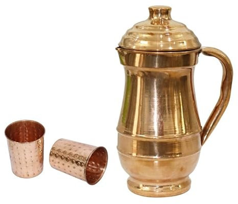 BRACOP® Wasserkrug, Wasserkaraffe, Krug aus reinem Kupfer, indischer Kupfer wasserkrug, Kupferkrug, Trinkkrug mit Deckel, Kupfer, Ayurveda, Moscow Mule, Becher, Kupferbecher, Wasserkrug, Cocktailglas
