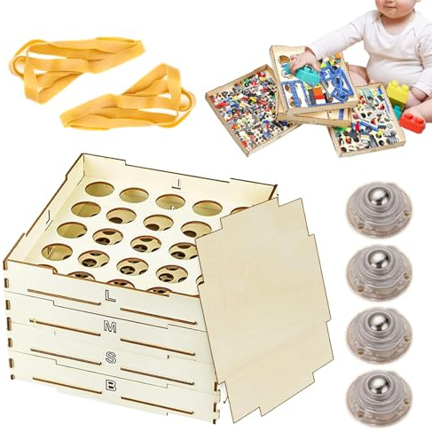 Organizzatore di smistamento di - Raccoglitore di, 4 vassoi | Ordinatore in legno di 3 misure per gli amanti dei di costruzione, ideale per ragazze, ragazzi e in