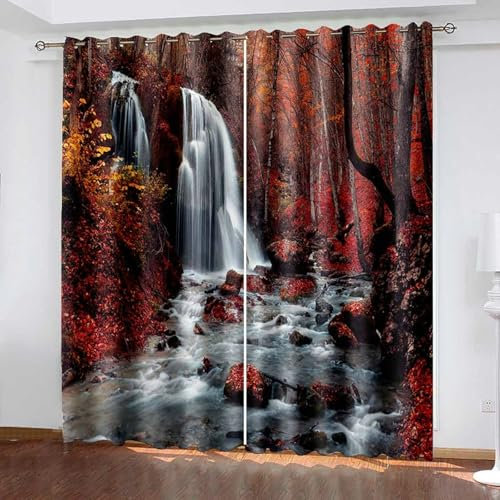 Bishilin Vorhänge Verdunklung mit Ösen 214x274CM, Gardinen Blickdicht 2er Set Muster Herbst Wasserfall und Wald Verdunklungsvorhänge Jugendzimmer Kinderzimmer