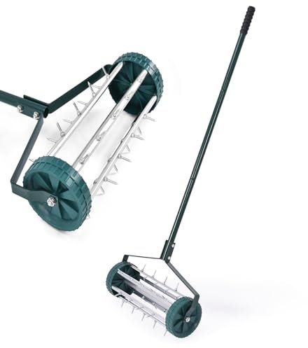 SOARS Arieggiatore per Prato a Rullo Manuale, Aeratore con Ruote da Giardino con Chiodi da 3 cm, Scarificatore a Mano in Metallo, Ideale per Prato, Orto e Terreno (45 x 127 cm)
