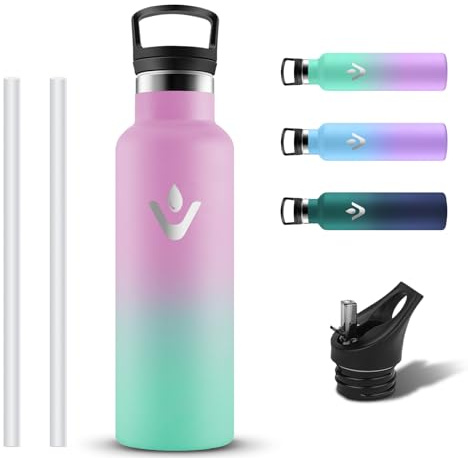 Grsta Botella Agua Acero Inoxidable, Prueba de Fugas Botella Termica 500ml sin BPA con 2 Tapones, Reutilizable Cantimplora Termica con Pajita y Filtro para Niños, Colegio, Cámping, Senderismo