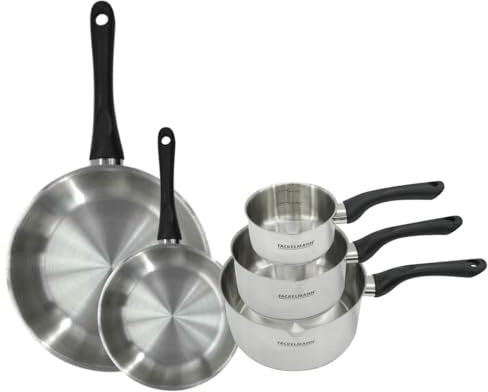 Fackelmann 9443850 Set 2 poêles 20 et 28 cm et 3 casseroles 12 16 et 20 cm en inox 18/8, tous feux, induction, sans PFAS, Acier inoxydable 18/8, 12 16 20 28 cm, Gris Pierre